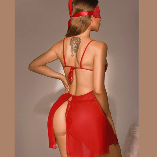 Lace Mesh Lingerie Slips With Thong & Eye Shield - Image 2